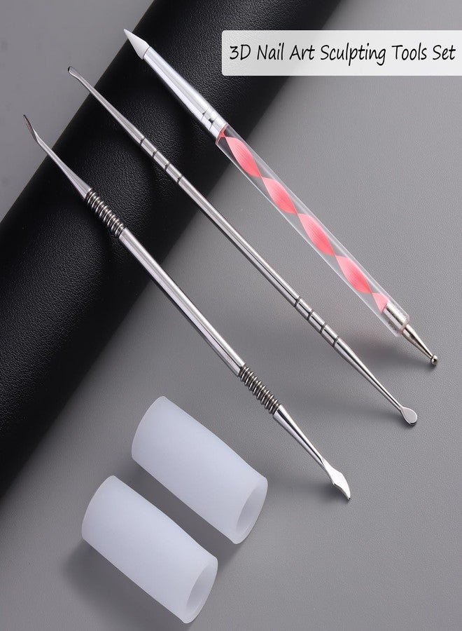 Furtherpretty 3D Nail Art Sculpting Tools Set, 3 Pack Dual-Head Carving Pens with 2 Silicone Finger Sleeves for Acrylic Gel Flowers Design, DIY Manicure Professional Salon Supplies for Nail Techs - Image 2